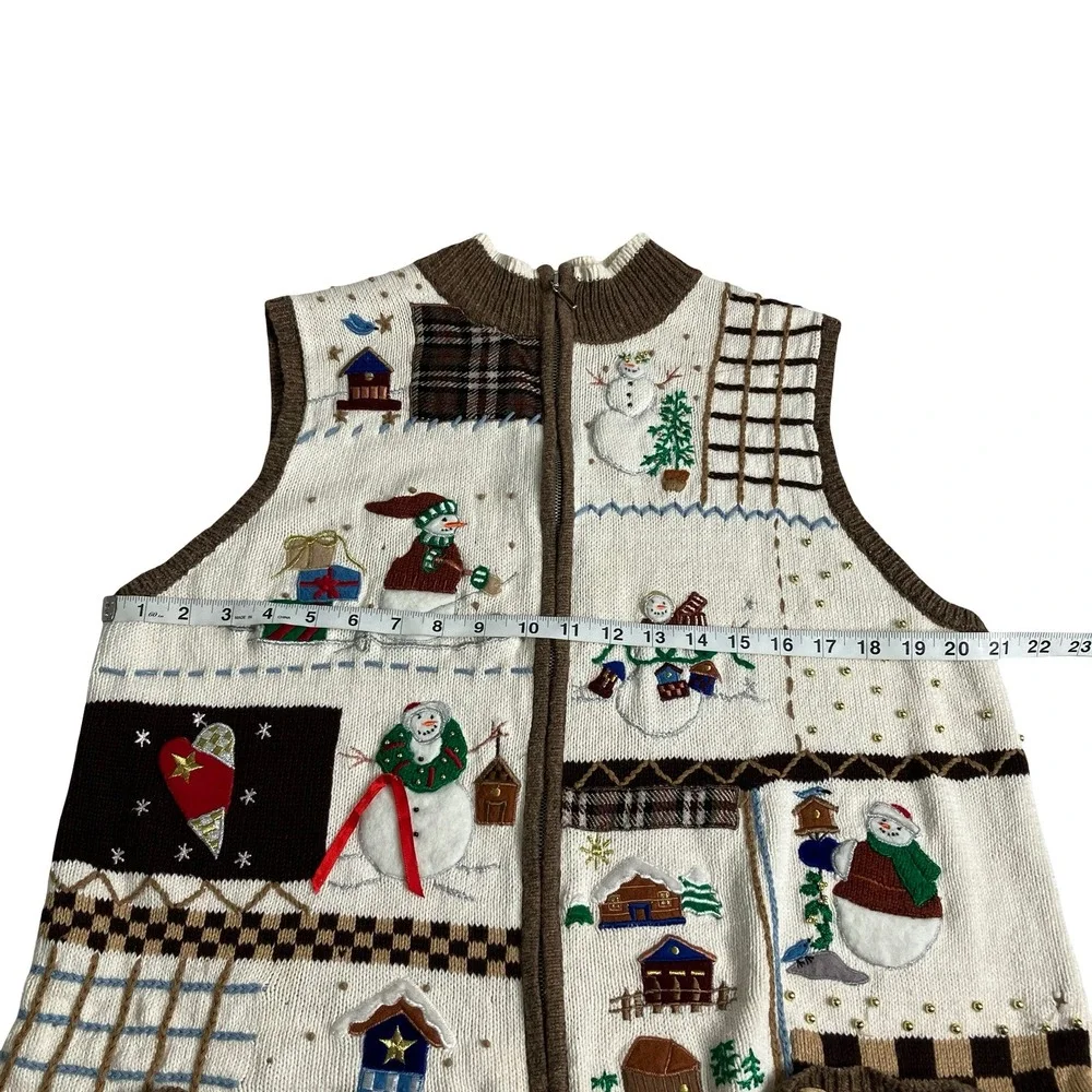 Vintage‎ Designers Originals Studio Joy Sweater Vest Womens L Cream Snowman Zip
